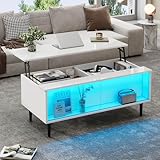 EURHCIO Table Basse Relevable 105x50x43cm,Table D'appoint avec Lampe LED Réglable,Plateau Relevable,Rangement Dissimulés,Vitrines en Verre,pour Bureaux Appartements (D Blanc)