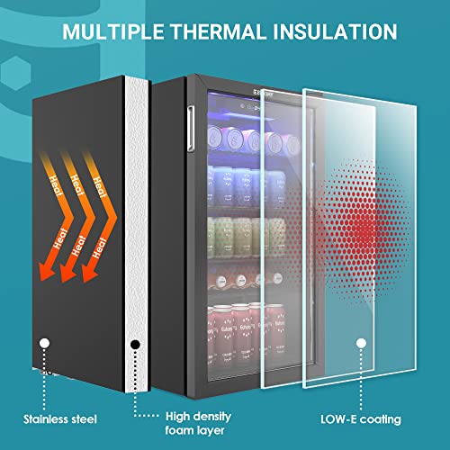 EUHOMY Beverage Refrigerator Cooler, 130 Can Mini Fridge with Glass Door for Soda Beer or Wine, Beverage Cooler for Home, Office, Bar with Adjustable Removable Shelves, Black