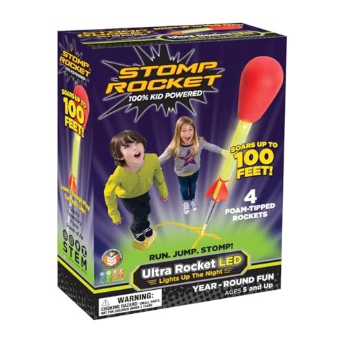 Stomp Rocket The Original Ultra Rocket LED, 4 Rockets - Regalo de Juguete de Cohete para Exteriores para niños y niñas - Viene con Lanzador de Cohetes de Juguete - A Partir de 5 años