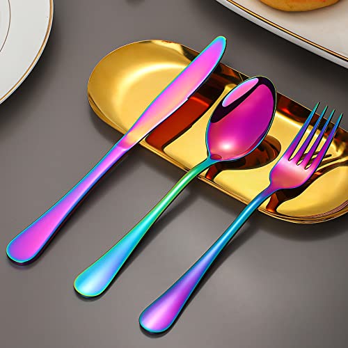 60 Pieces Rainbow Silverware set for 12, Compralo Colorful Stainless Steel Flatware Cutlery Set, Kitchen Utensils Set Include Knife Fork Spoon, Tableware Set With Titanium Plated, Dishwasher Safe