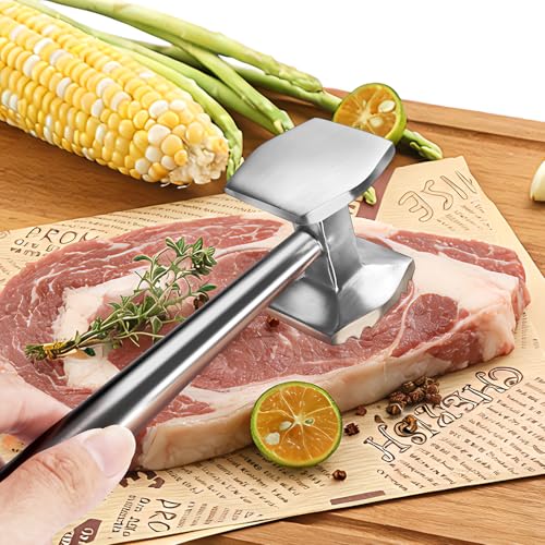 Foto von Gemivora 304 Edelstahl Fleischklopfer – Spülmaschinengeeignet, Rostfrei & Lebensmittelecht | Doppelseitiger Kopf (Glatt & Gezackt) für zarte Steaks, Schnitzel & Geflügel