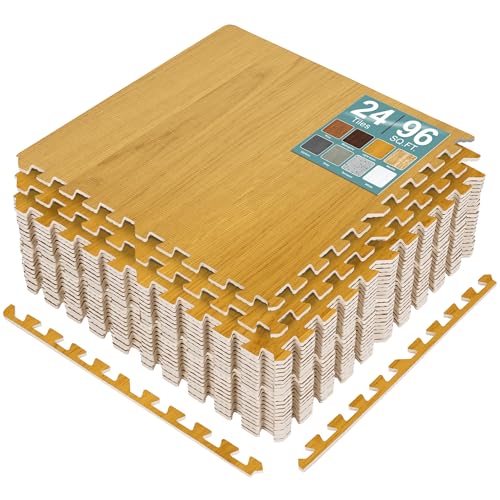 Sorbus Interlocking Wood Grain Foam Floor Tiles (24 Pack, Light Grain)