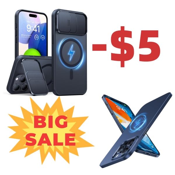 TORRAS Durable Slide Camera Cover, Kickstand & Magnetic Slim Matte Hard PC Navy Blue Case for iPhone 15 Pro