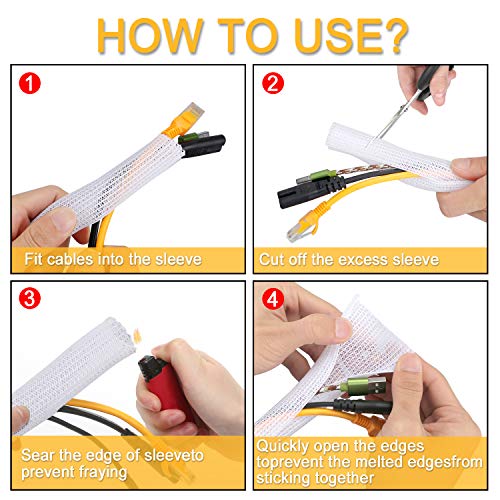 Raccogli Cavi, MOSOTECH 2 X 1,6M Guaina per Cavi Intrecciato 1 X 3,1M Fascette per Cavi in Nylon, Flessibile Organizzatore Cavi per TV/Computer/Audio Manicotti Protezione - Ø16mm,Bianca