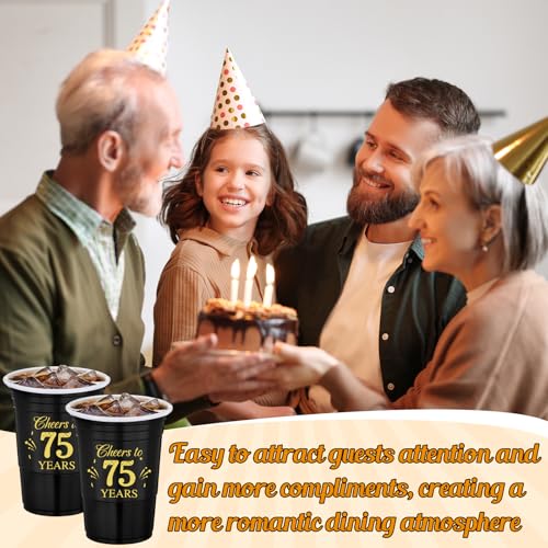 Ziliny 50 Pack 75th Birthday Decorations Birthday Cups 16 oz Disposable Plastic Gold and Black Cheers to 75 Years Cups for Men Women Hot Cold Drinks for Wedding Anniversary Supplies(Black) by Ziliny - Used condition - Image 6