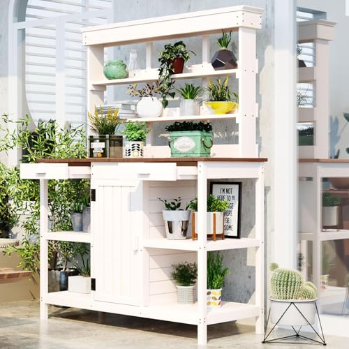 66” Large Outdoor Potting Table with 2 Drawers, Cabinet, Open