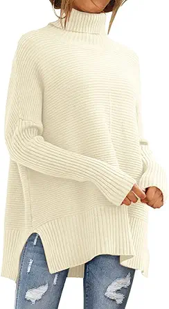 EFAN 2023 Fall Trendy Oversized Turtleneck Sweater for Women Batwing Long Sleeve Knitted Cozy Pullover Sweaters