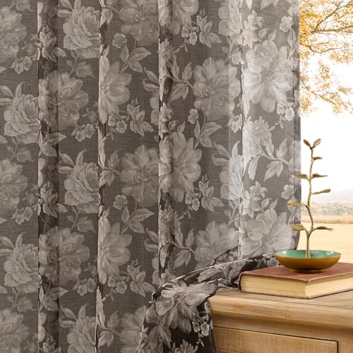 Brown Floral Sheer Curtains 84 Inches Long 2 Panels for