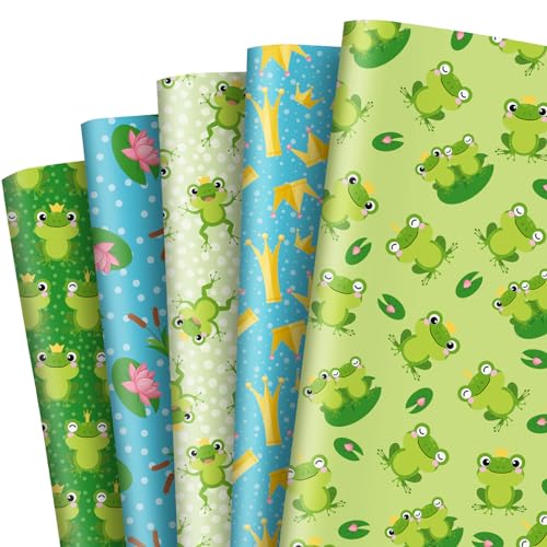 JarThenaAMCS 10 Sheet Cute Frog Wrapping Paper -Not Roll- Pool Prince Lotus Flower Gift Wrap Paper Bulk Green Folded Flat DIY Craft Art Sheet for Boys Birthday Baby Shower, 19.7 x 27.6 Inch
