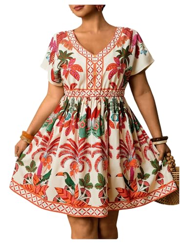 Image of Floerns Women's Plus Size Summer Vacation Wrap V Neck Short Sleeve Ruffle Hem A Line Hawaiian Short Dress