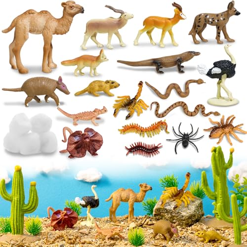 Hiawbon 41Pcs Desert Animals Figurines Kit, Desert Diorama Supplies with Camel Lizard, Cactus, Rattlesnake, Reptiles, Plastic Animals Plants Diorama Model for Decorations