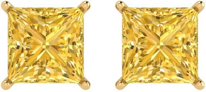 14K Yellow Gold Plated 925 Sterling Silver Push Back Dainty Stud Earrings for Women - 4 cttw Princess Cut Simulated Yellow Diamond - Image 3
