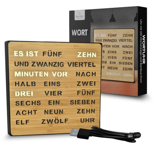 Bada Bing LED Wortuhr Bambus mit Deutscher Wort Anzeige - edle Tischuhr 3 stufig dimmbar USB Kabel - Wanduhr modern hochwertig lautlos zum Aufstellen/Aufhängen - Deko Geschenk Männer Geburtstag Büro