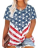 RITERA Womens Plus Size Tops Short Sleeve Patriotic July 4th Independence Day Flag Star T-Shirt Blouses Tunics Blue Red Stripes Shirt Casual Crewneck United States Tshirts 5XL 28W