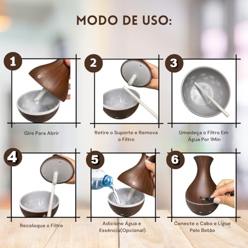 Umidificador de Ar 300ML Ultrassônico Na Cor Madeira Escura Com 4 Cores de Led Portátil, Aromatizado