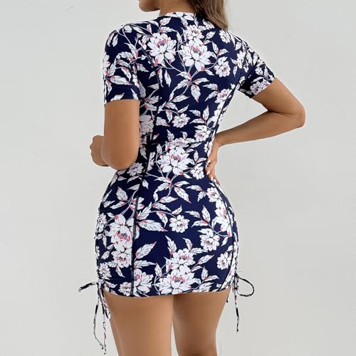 ABAFIP Women's Short Sleeve Swimsuit Zip One Piece Swimdress Surfing Bathing Suit Side Drawstring Swimwear3