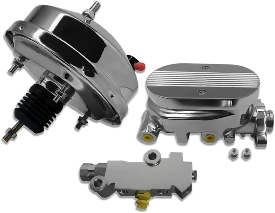 Universal 8" Single Diaphragm Power Brake Booster and 1" Bore Master Cylinder Finned Top with Dual 9/16" & 1/2" Ports and Proportioning Valve For Chevy Ford GM Chrome