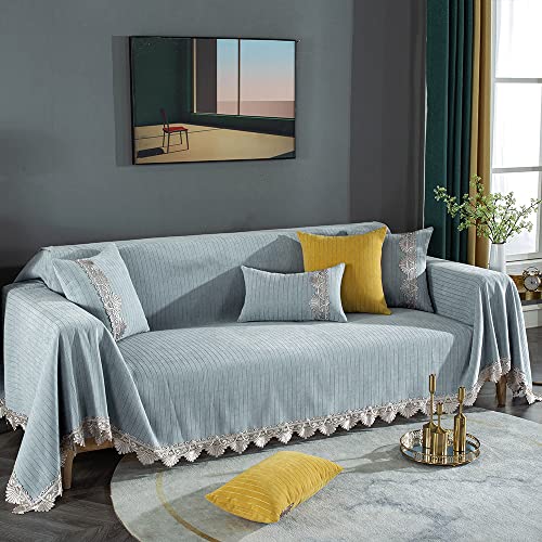 Dreamingo Light Blue Striped Couch Cover For Loveseat Pet Couch Cover Protector For Dogs Cats Washable Chenille Couch Covers With Lace Edge For Living Room L Shape Sectional Couch, 71"X118" #TOP12