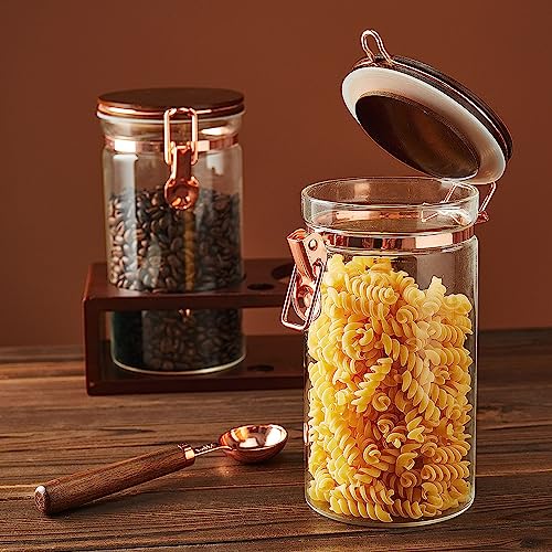 Glass Coffee Container with Wooden Shelf, 2 x 40 FLOZ Coffee Bean Storage with Sealed Closure Clips and Copper Spoon, Kitchen Large Capacity Food Storage Jar, Ground Coffee Container - Image 7