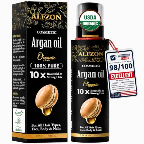 ALFZON Moroccan Argan Oil 100% Pure USDA Organic Cold Pressed Unrefined – Deep Moisturizing Hair & Scalp Treatment for Dry, Damaged, Curly & Frizzy Hair – Face & Skin – 3.38 Fl Oz Glass Bottle