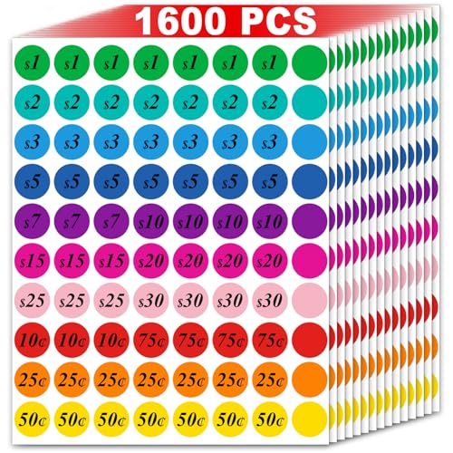 Garage Sale Price Stickers Pre-priced 1600 Pcs 3/4 Inch for Flea Markets, County Fairs & Retail, Misofuki 10 Colors Round Pre-Printed Yard Sale Price Stickers, Strong Adhesive Circle Pricemarker Label
