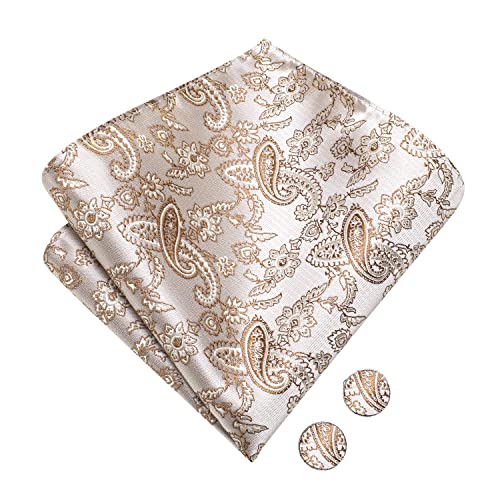 Image of Hi-Tie Mens Champagne Paisley Bow Ties Pre-Tied Pocket Square with Cufflinks Mens Bowtie Sets for Wedding Formal Party