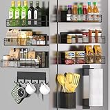Magnetic Spice Rack for Refrigerator, 10 Pack 100% Metal Strong Magnet Shelf, Moveable Spice Organizer W/ Adjustable Paper Towel Holder, Hook Rack & Utensil Caddy, Home Kitchen Laundry Storage, Black