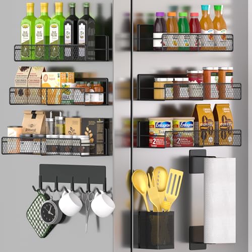 Magnetic Spice Rack for Refrigerator, 10 Pack 100% Metal Strong Magnet Shelf, Moveable Spice Organizer W/ Adjustable Paper Towel Holder, Hook Rack & Utensil Caddy, Home Kitchen Laundry Storage, Black