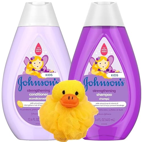 Image of Strengthening Tear-Free Kids' Shampoo and Conditioner Set with Vitamin E Strengthens & Helps Prevent Breakage, Hypoallergenic & Gentle on Toddler Hair, 13.6 oz with Bonus Animal Bath Loofah