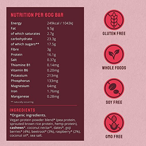 BodyMe Organic Vegan Protein Bar | Raw Beetroot Berry | 12 x 60g Protein Snack Bars | Gluten Free | 16g Complete Protein | 3 Plant Proteins with All Essential Amino Acids | High Protein Vegan Snacks - Image 3