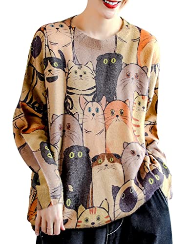 Image of YESNO Women Christmas Sweater Graphic Printed Oversized Pullover Sweaters Casual Loose Knit Tops S01