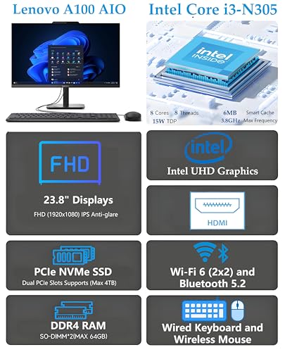Image of Lenovo 24 All-in-One Intel i3-N305 8-Core Desktop Computer, 8GB DDR4, 512GB PCIe SSD, Lifetime Office 365 for Web, 23.8 inch 1080P AIO for Home, WiFi, Bluetooth, KB & Mouse, Dark Gray, Windows 11 Home