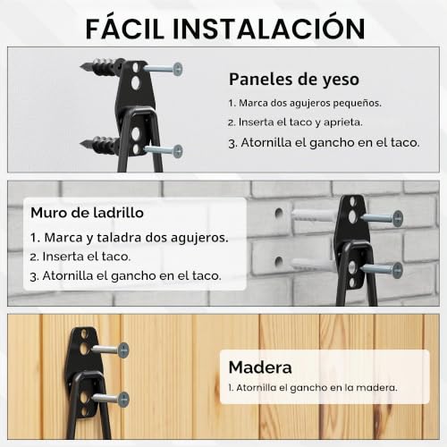 Miniatura 6 de Bontec Ganchos De Garaje Pesados, Set 18 Ganchos Antideslizantes, Acero Reforzado, Carga 502 Kg, U Y S Soporte Bicicleta, Organizador Herramientas, Colgador Pared Multiusos, Negro