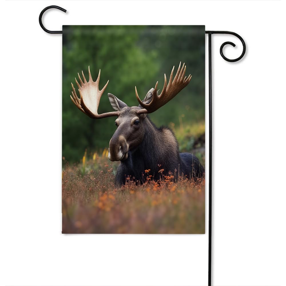 Moslion Moose Garden Flag 12.5x18 Inch Wild Animal Moose Antler Horn in Forest Floral Field Trees Yard Flag Burlap Banners Vertical Double Sided for Farm House Outside Orange