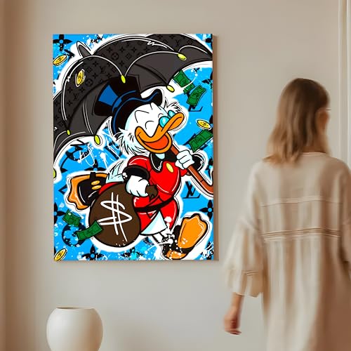 Image of Luxury Cartoon Duck Pop Art Canvas Wall Art Painting For Living Room | Money & Success Theme Street Art Wall Art Painting | Modern Graffiti Style Artwork for Home & Office, 56x86 cm