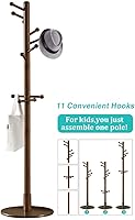 Vista 3 de Perchero de madera resistente, árbol de entrada con base redonda sólida para sombrero, ropa, bolso, bufandas, bolsos, paraguas (marrón, 11 ganchos)