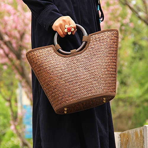 Straw Bag for Women, Summer Beach Handmade Rattan Tote Bag, Round Wooden Handle, Boho Retro Straw Woven Handbag, Large Beach Bag for Vacation (Brown)3