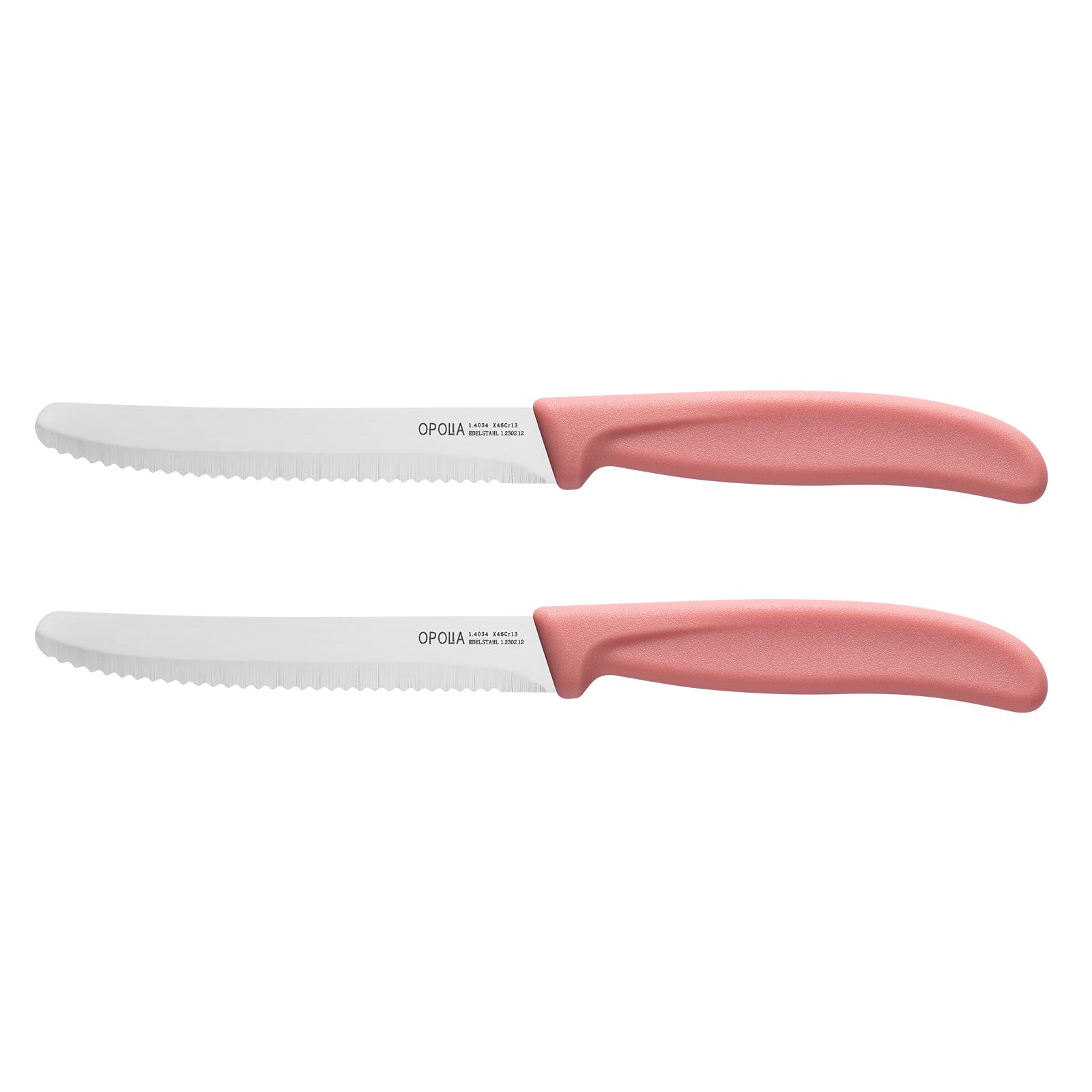 OPOLIA Tomato Knives,Pink Table Knife Set of 2,Serrated Kitchen Knive,Stainless Steel Sharp Dinner Knife,Utility Knifes,Ergonomic Handle Paring Knifes for Vegetable and Fruits,Dishwasher Safe