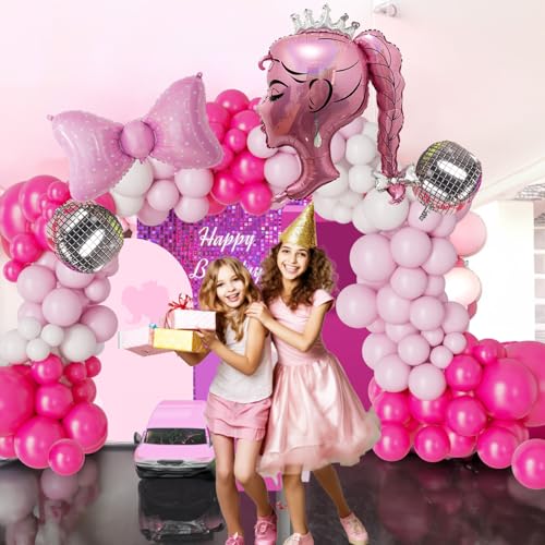 Image of Hot Pink Princess Balloon Arch Kit with Rose Red, Light Pink, Matte White Balloons, Silver Disco Ball, Bows and Crown for Girl Summer Birthday, Coquette Party, Ballerina,Graduation, Baby Shower Decor