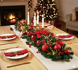 Centro de Mesa Natalino Luxo, 45cm Decoração de Natal com Poinsétia, Bolas e Pinhas, Dourado ou Vermelho, 2 Modelos Disponíveis, para Mesa de Jantar e Festas (Vermelho)