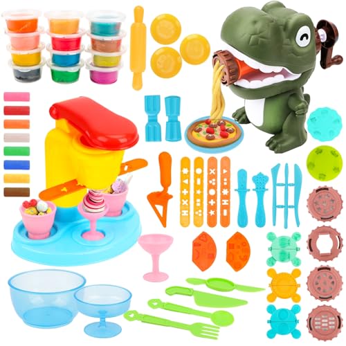 WOOWAIR 58 PCS Juego de Plastilina para Niños, Herramientas Plastilina Accesorios de Arcilla de Modelado con 12 Latas de Plastilina, Máquina de Helados + Máquina de Pasta de Dinosaurio para Niños 3+