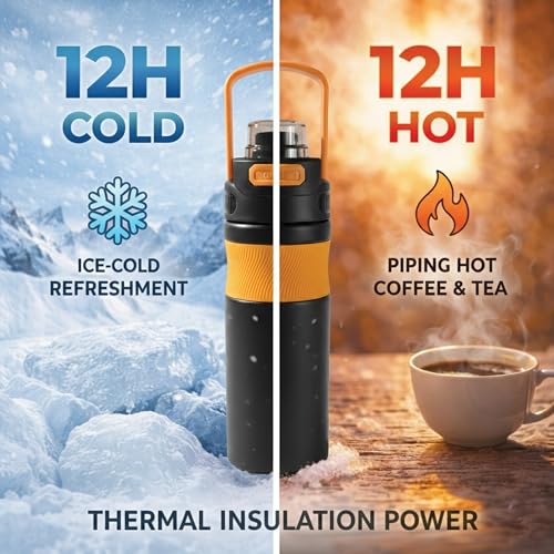Image of 600ml Insulated Water Bottle with Straw - Premium SUS 316 Stainless Steel Sport Flask - Insulated Hot & Cold, Leak-Proof One-Click Flip Top - Gym & Travel Bottle (Midnight Gold)