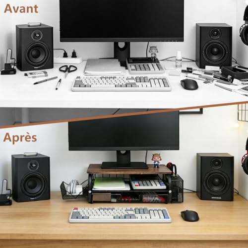 Bingyouth Support d‘Écran en Style Vintage 30kg/66lbs - Élévateur Ergonomique Multifonction pour Bureau, Télétravail ou Gaming avec Plateau et Attaches Câbles - Brun Rétro – vue 7