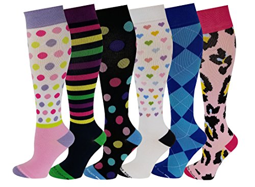 6 Pairs Pack Women Travelers, Anti-Fatigue, Graduated Compression Knee High Socks 9-11 (Assorted Printed #2)