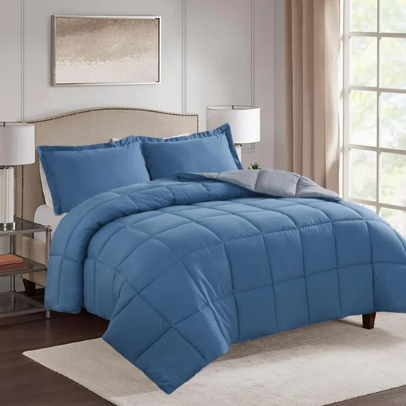 HOMME Queen Size 3 Pieces All Season Soft Comfortable Down Alternative Reversible Quilted Oversize Comforter Set School Dorm, Machine Washable