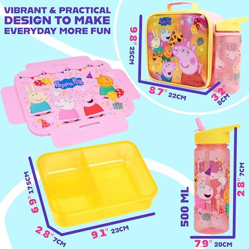 Get Trend Peppa Wutz Lunchtasche Kinder Set 3 Tlg. mit Trinkflasche, Lunchbox mit Fächern und Isolierte Snack Tasche, für Schule, Kita und Vorschule (Multi Peppa Pig)