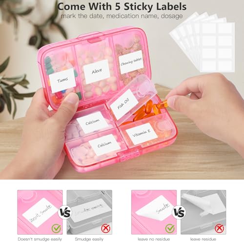 Image of FYY Weekly Pill Organizer with Labels,8 Compartments Travel Daily Pill Case Airtight Moistureproof Large Pill Box to Hold Vitamins, Fish Oil, Supplements,Cotton Swab and Bandages-Hot Pink
