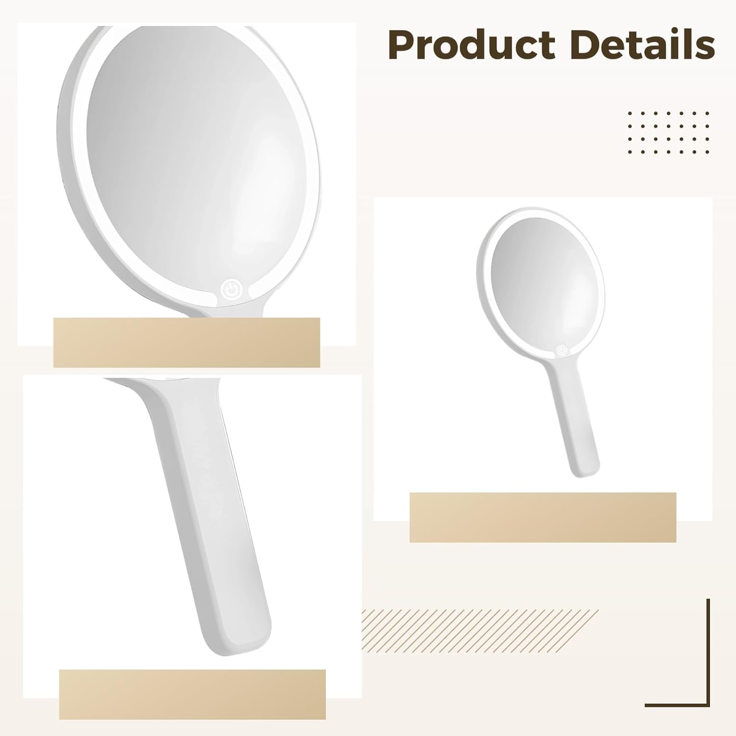 Led Portable Makeup Mirror with Touch-Sensitive Control, 3 Light Modes, Rechargeable Type-C, Round Pearl White Design for Dorms and Travel