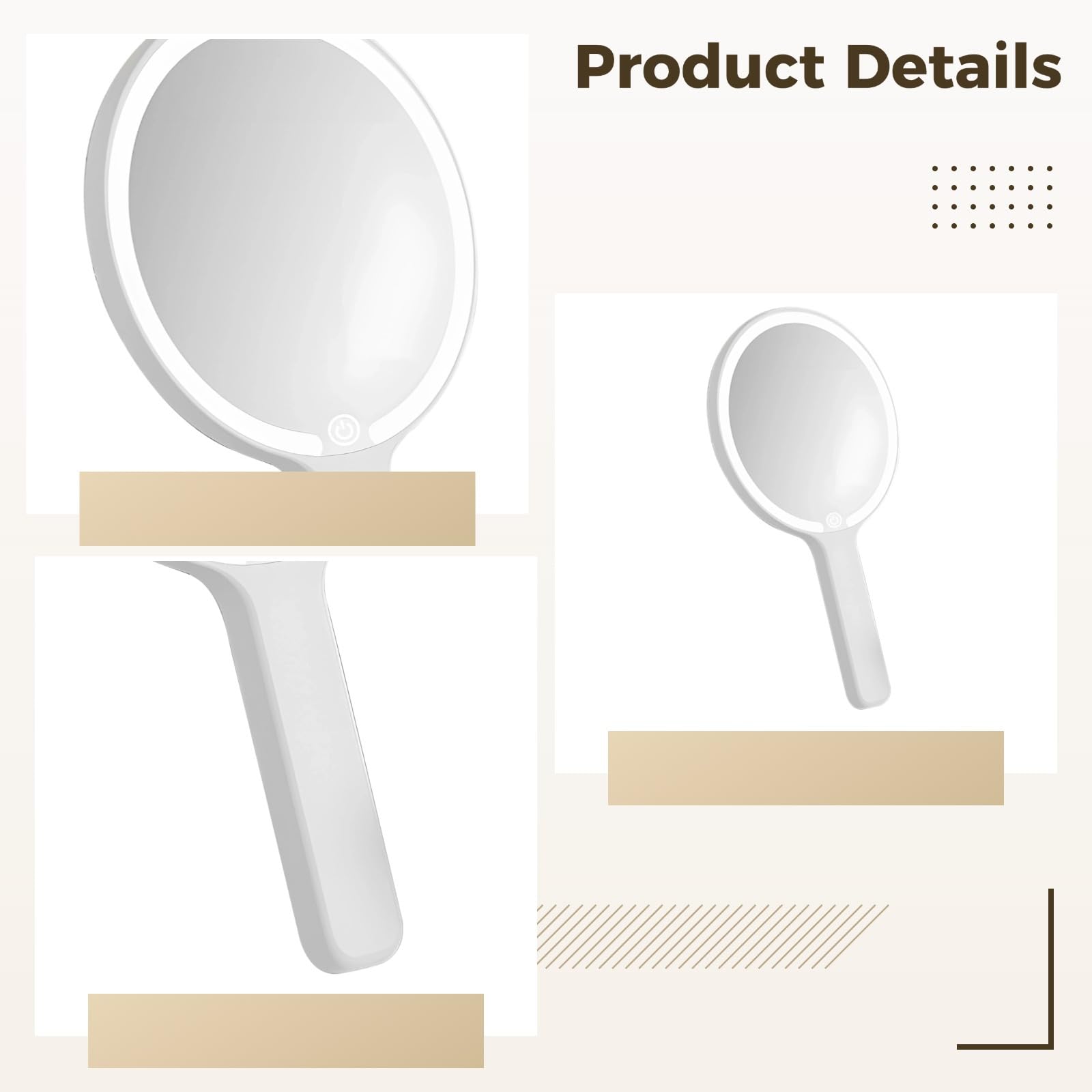 LUMINFLY Smart Touch Led Handheld Makeup Mirror with 3 Light Modes, Rechargeable Type-C, Round Pearl White Design