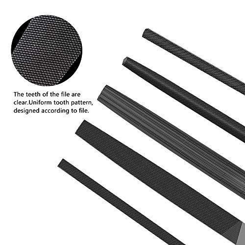 KALIM 5Pcs 8\'\' High Carbon Steel File, Rasp Set with Soft Rubber Non-slip Handle, Round/Half Round/Flat/Triangle/Squre, Grinding Hand Tool Set for Wood, Metal, Plastic, etc.
